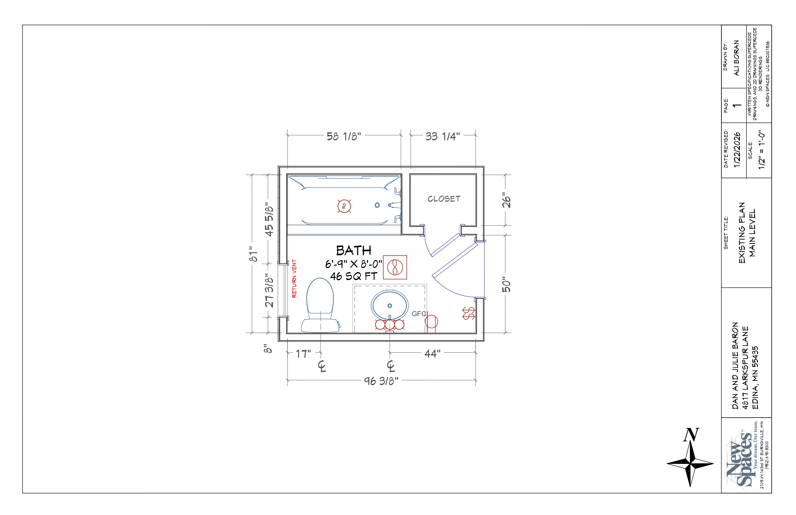 Signed construction plans and contract documents for a New Spaces remodel project